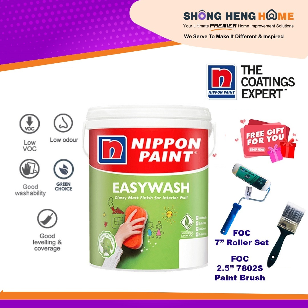 NIPPON PAINT EASYWASH 15L [ N1978P PEWTER GREY] + FREE GIFT SET [ROLLER
